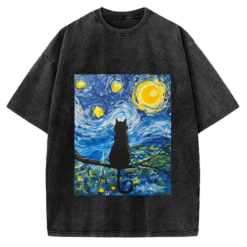 The Starry Night And Cat Vintage Washed T-shirt
