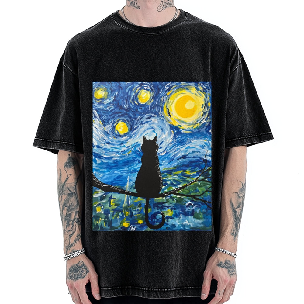 The Starry Night And Cat Vintage Washed T-shirt