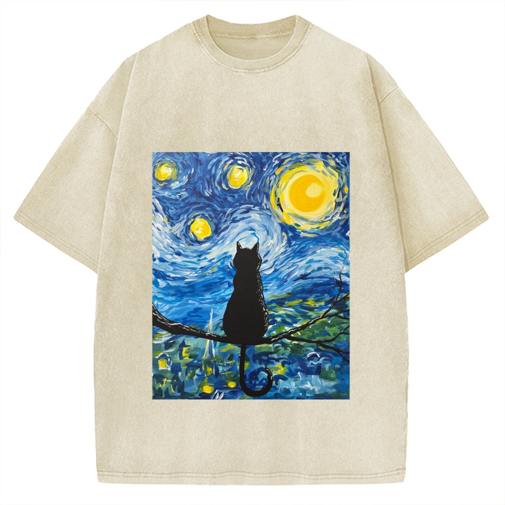 The Starry Night And Cat Vintage Washed T-shirt