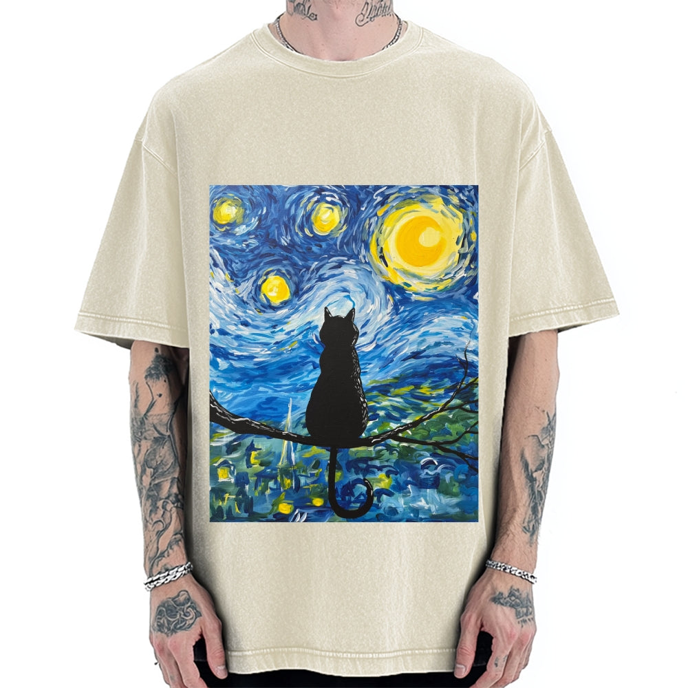 The Starry Night And Cat Vintage Washed T-shirt