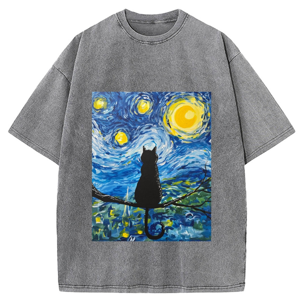 The Starry Night And Cat Vintage Washed T-shirt