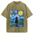 The Starry Night And Cat Vintage Washed T-shirt