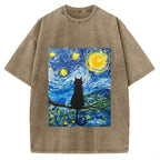 The Starry Night And Cat Vintage Washed T-shirt
