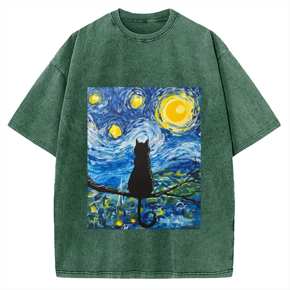 The Starry Night And Cat Vintage Washed T-shirt