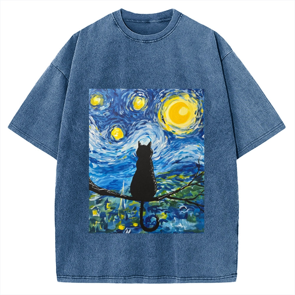 The Starry Night And Cat Vintage Washed T-shirt