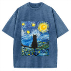 The Starry Night And Cat Vintage Washed T-shirt