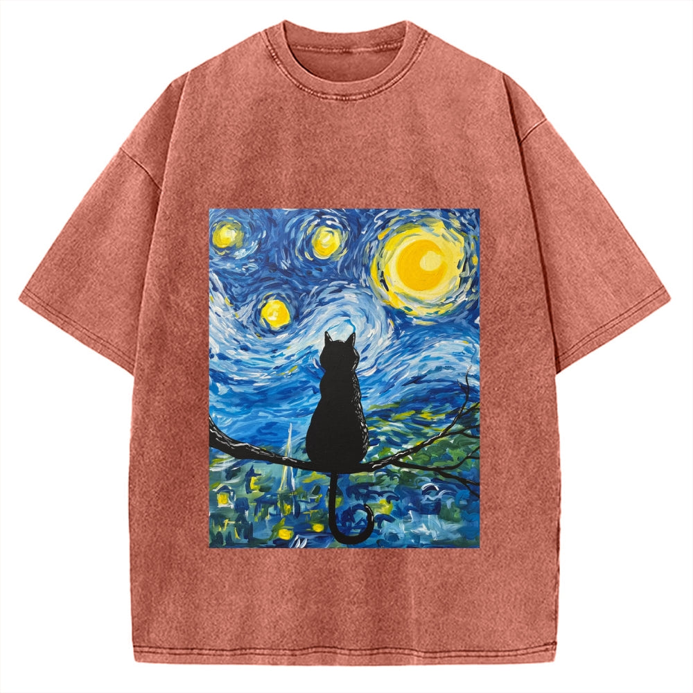 The Starry Night And Cat Vintage Washed T-shirt