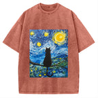The Starry Night And Cat Vintage Washed T-shirt