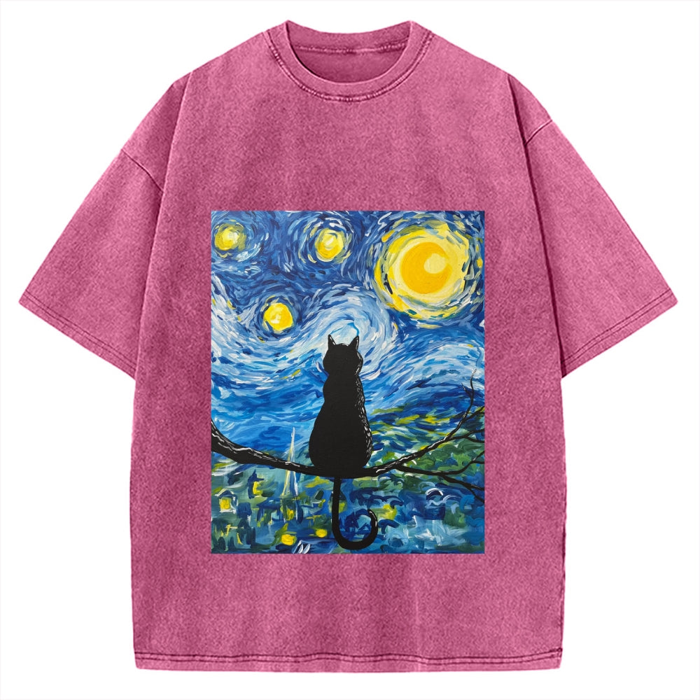 The Starry Night And Cat Vintage Washed T-shirt