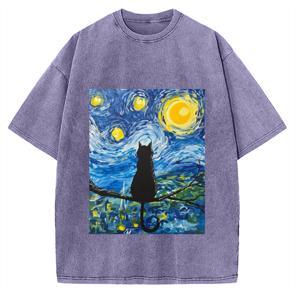 The Starry Night And Cat Vintage Washed T-shirt
