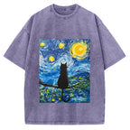 The Starry Night And Cat Vintage Washed T-shirt