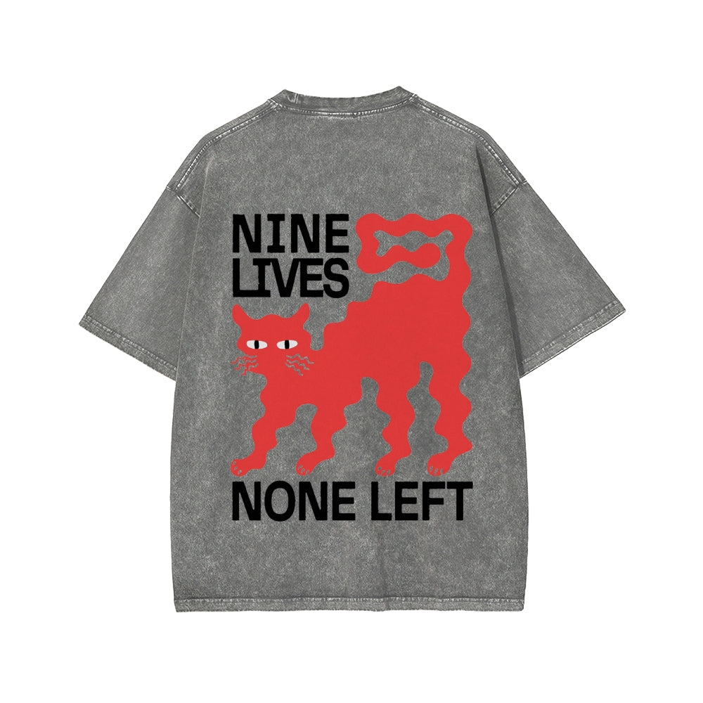 Unisex Nine lives None Left Cat Front And Back Printed Washed Tee