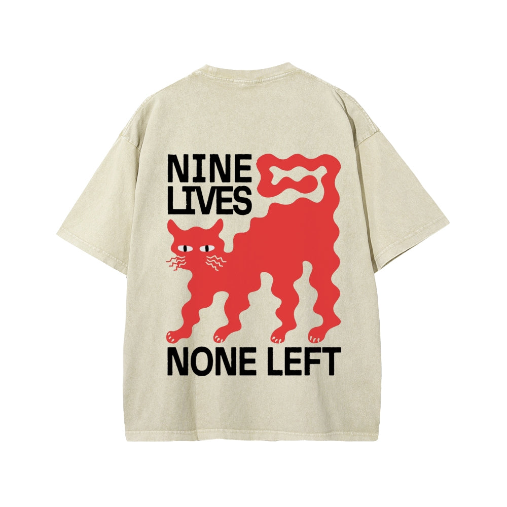 Unisex Nine lives None Left Cat Front And Back Printed Washed Tee