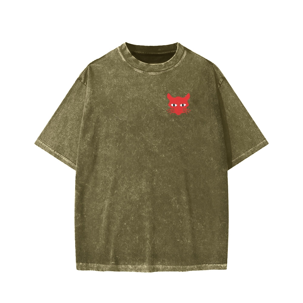Unisex Nine lives None Left Cat Front And Back Printed Washed Tee