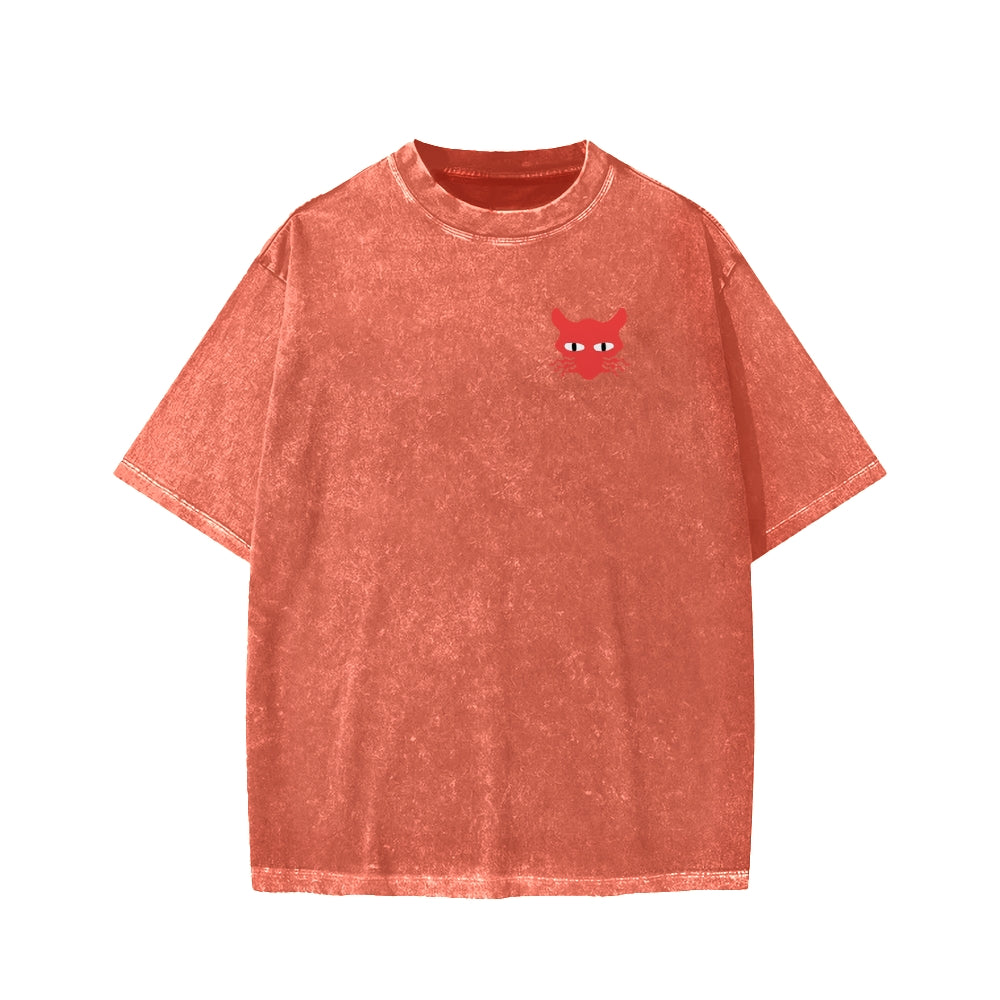 Unisex Nine lives None Left Cat Front And Back Printed Washed Tee