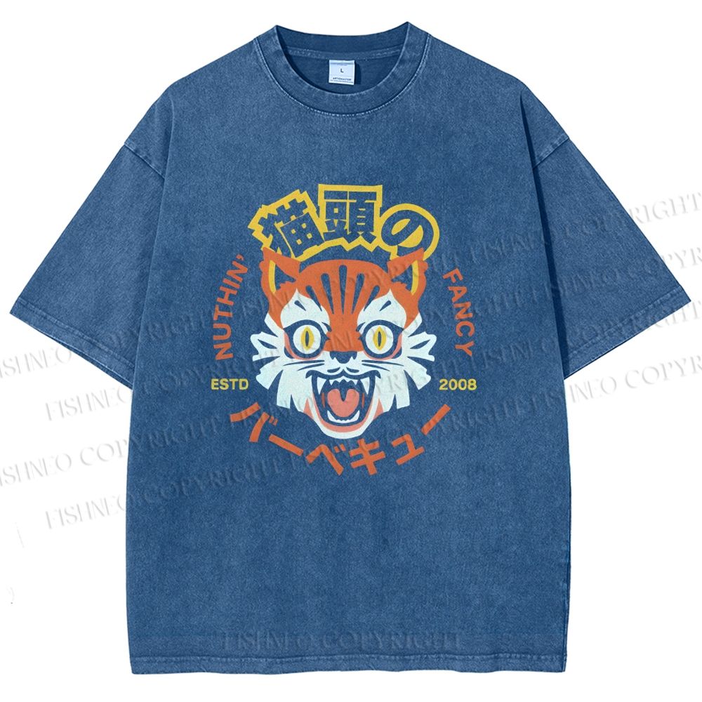 Unisex Cat Printed Washed Tee
