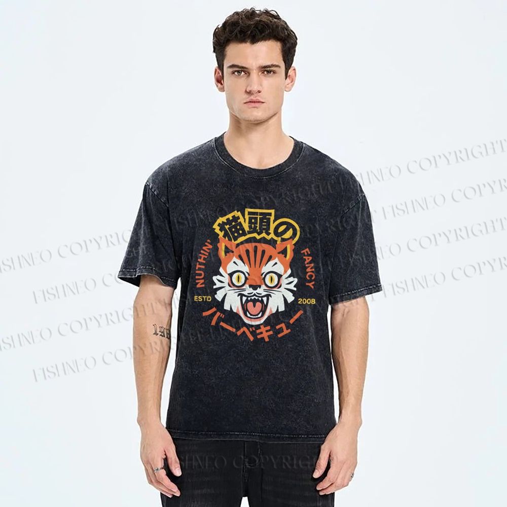 Unisex Cat Printed Washed Tee