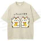 Unisex Japanese Cute Fortune Cat Printed Washed Tee