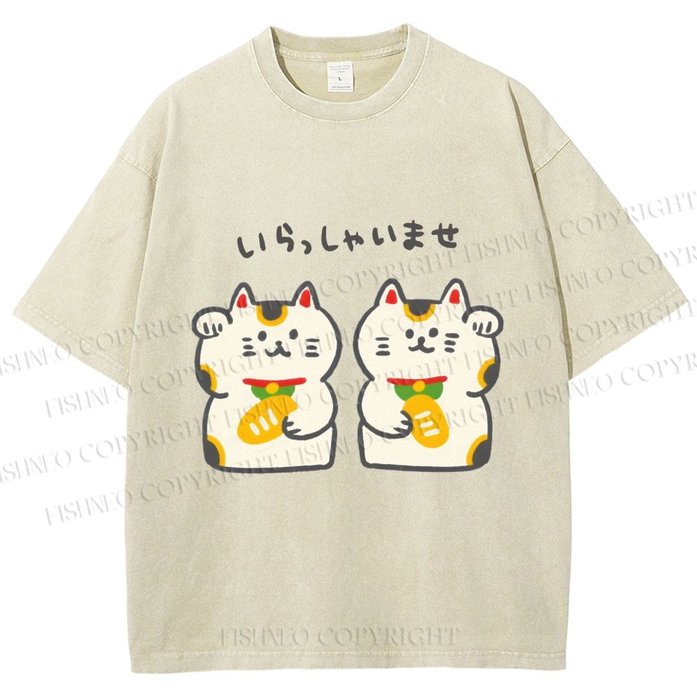 Unisex Japanese Cute Fortune Cat Printed Washed Tee