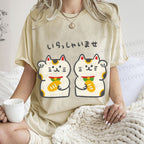 Unisex Japanese Cute Fortune Cat Printed Washed Tee