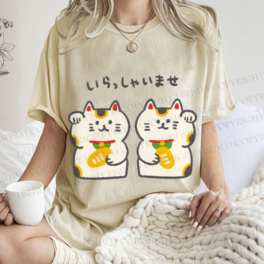 Unisex Japanese Cute Fortune Cat Printed Washed Tee