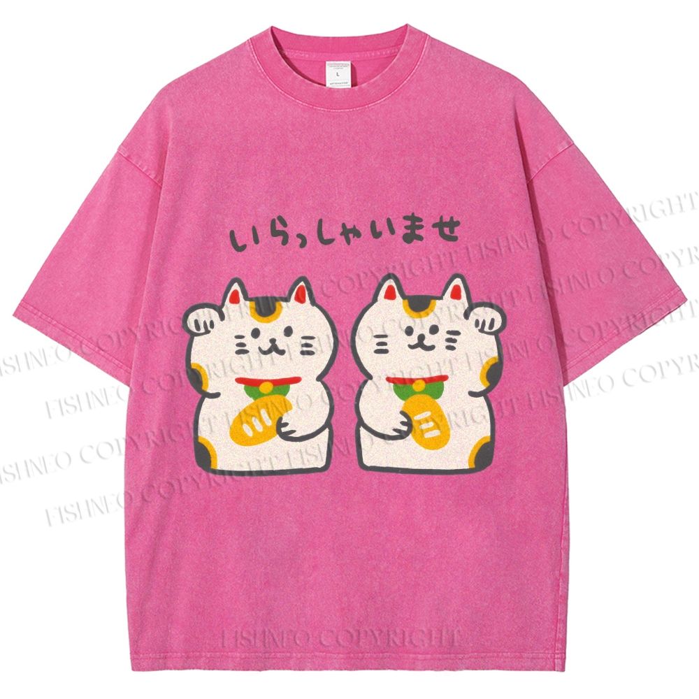 Unisex Japanese Cute Fortune Cat Printed Washed Tee