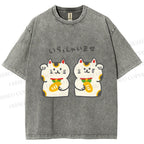 Unisex Japanese Cute Fortune Cat Printed Washed Tee