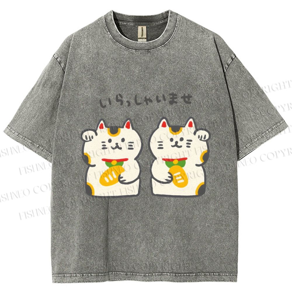 Unisex Japanese Cute Fortune Cat Printed Washed Tee