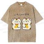 Unisex Japanese Cute Fortune Cat Printed Washed Tee