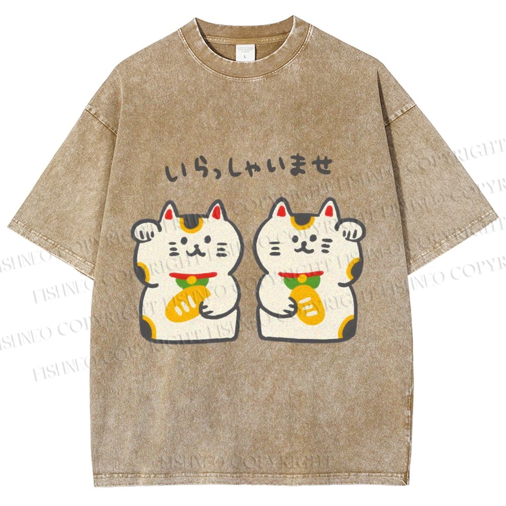 Unisex Japanese Cute Fortune Cat Printed Washed Tee
