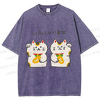 Unisex Japanese Cute Fortune Cat Printed Washed Tee