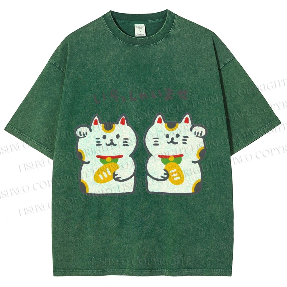 Unisex Japanese Cute Fortune Cat Printed Washed Tee