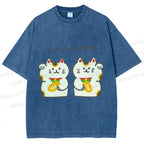 Unisex Japanese Cute Fortune Cat Printed Washed Tee