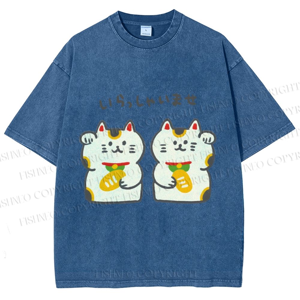 Unisex Japanese Cute Fortune Cat Printed Washed Tee