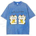 Unisex Japanese Cute Fortune Cat Printed Washed Tee