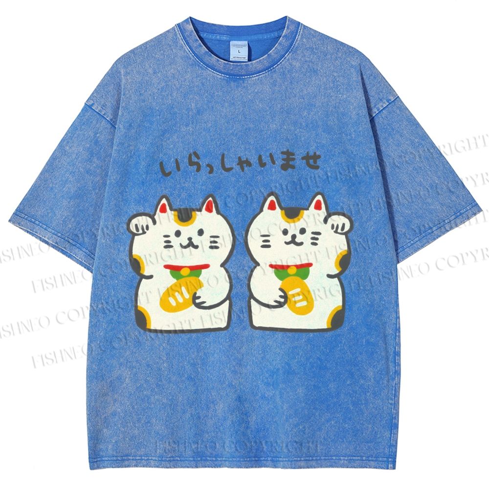 Unisex Japanese Cute Fortune Cat Printed Washed Tee