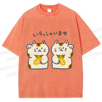 Unisex Japanese Cute Fortune Cat Printed Washed Tee
