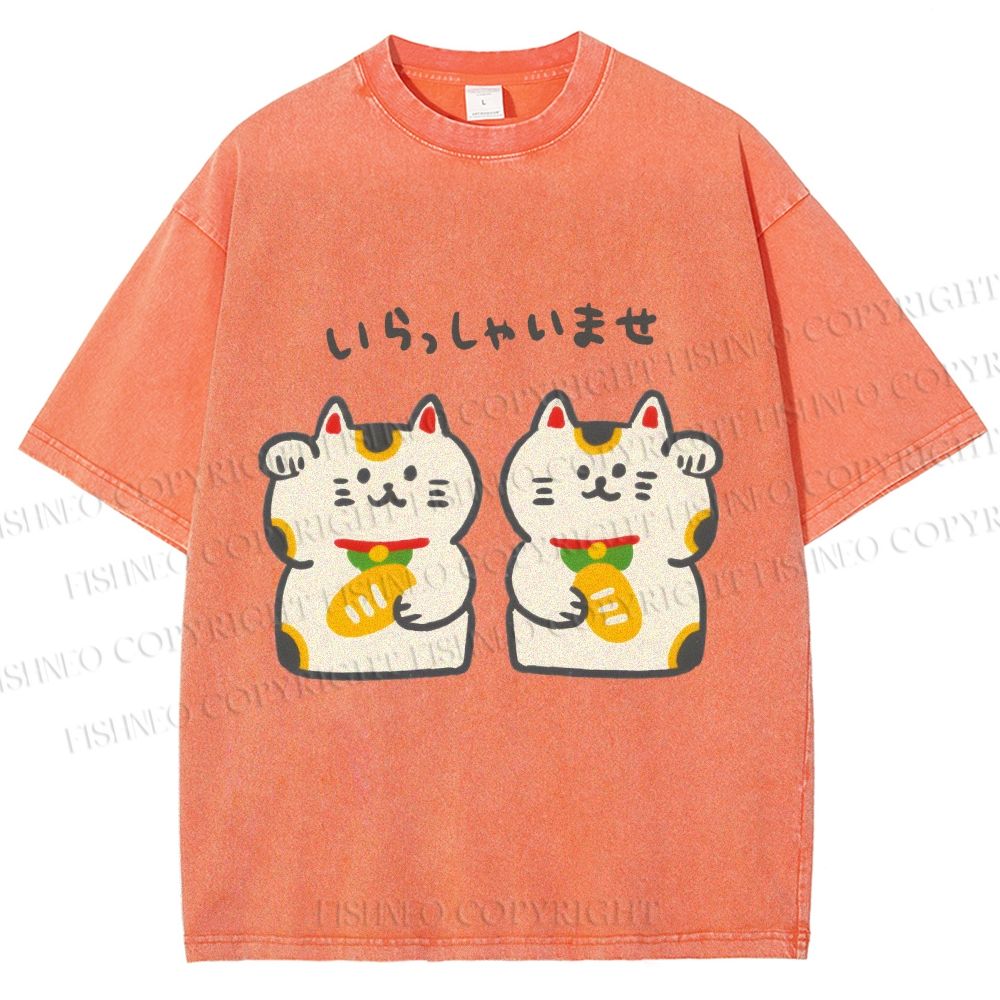 Unisex Japanese Cute Fortune Cat Printed Washed Tee
