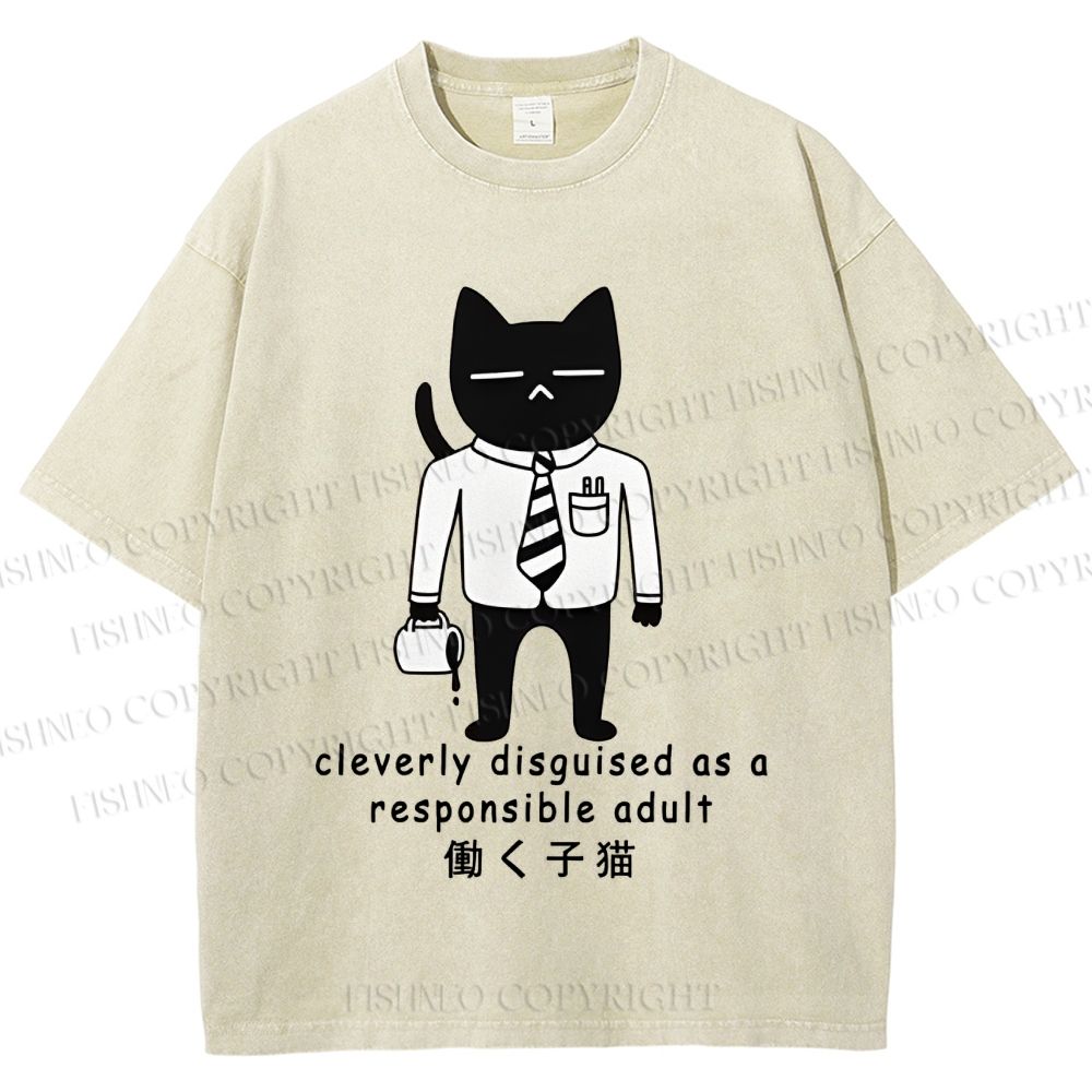 Unisex Japanese Smart Black Cat Cleverly As A Responsible Adult Disguised  Printed Washed Tee
