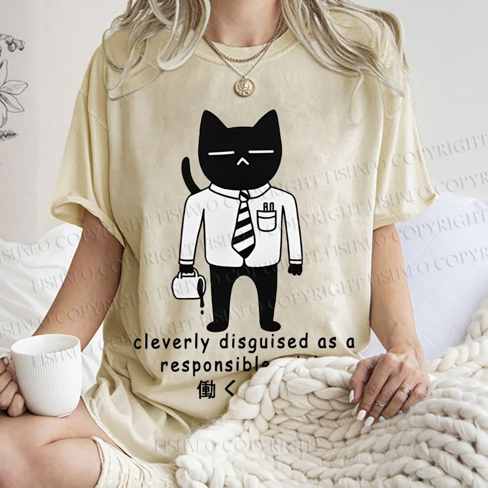 Unisex Japanese Smart Black Cat Cleverly As A Responsible Adult Disguised  Printed Washed Tee