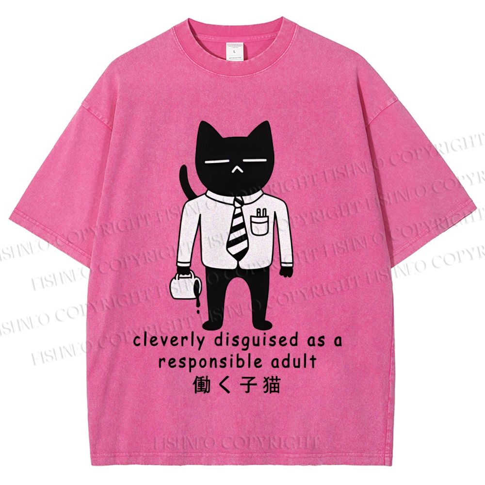 Unisex Japanese Smart Black Cat Cleverly As A Responsible Adult Disguised  Printed Washed Tee