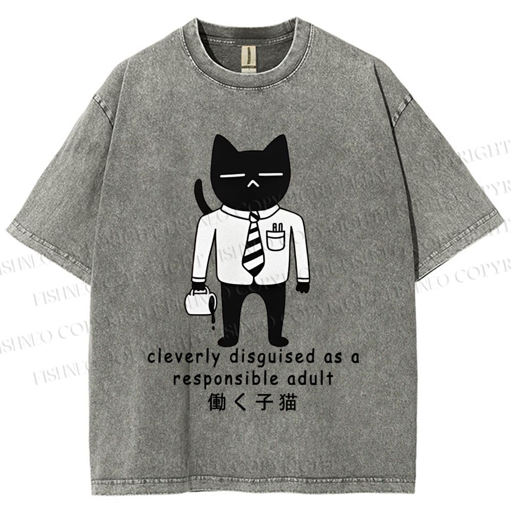 Unisex Japanese Smart Black Cat Cleverly As A Responsible Adult Disguised  Printed Washed Tee