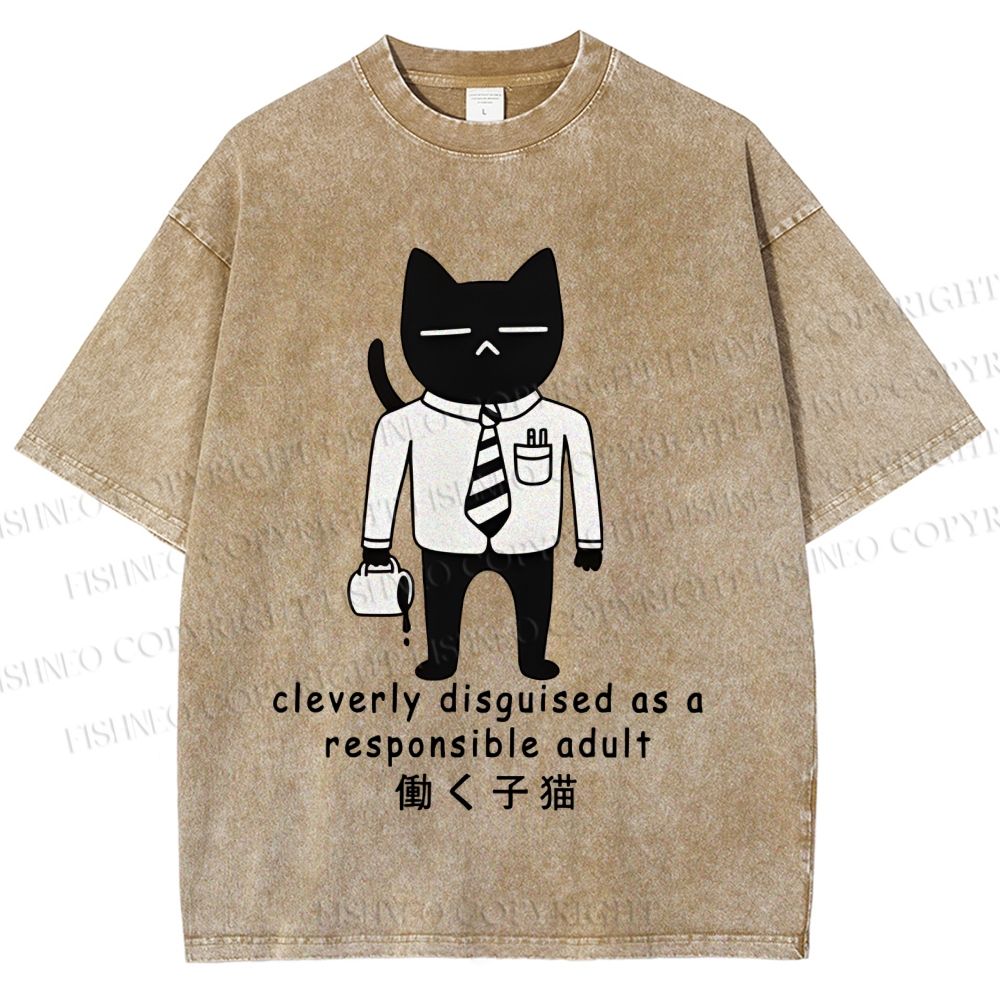 Unisex Japanese Smart Black Cat Cleverly As A Responsible Adult Disguised  Printed Washed Tee