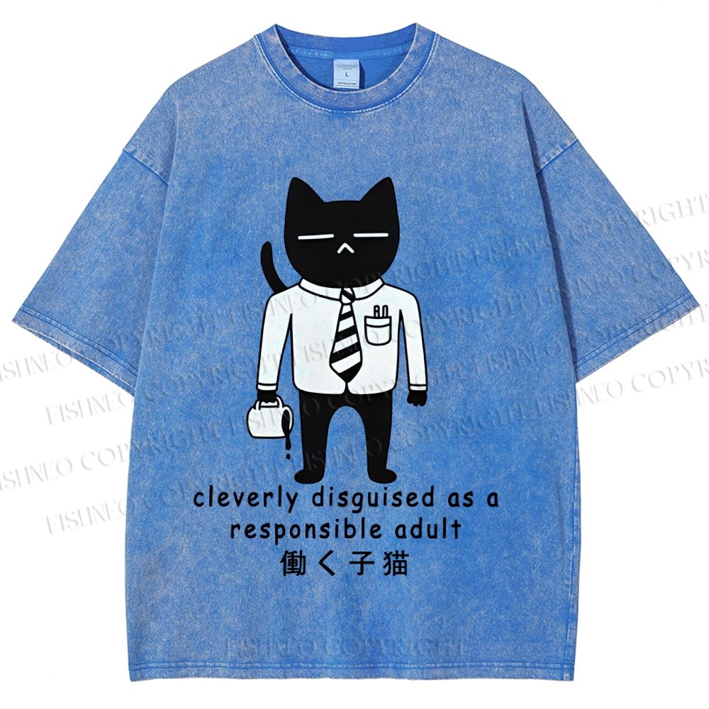 Unisex Japanese Smart Black Cat Cleverly As A Responsible Adult Disguised  Printed Washed Tee