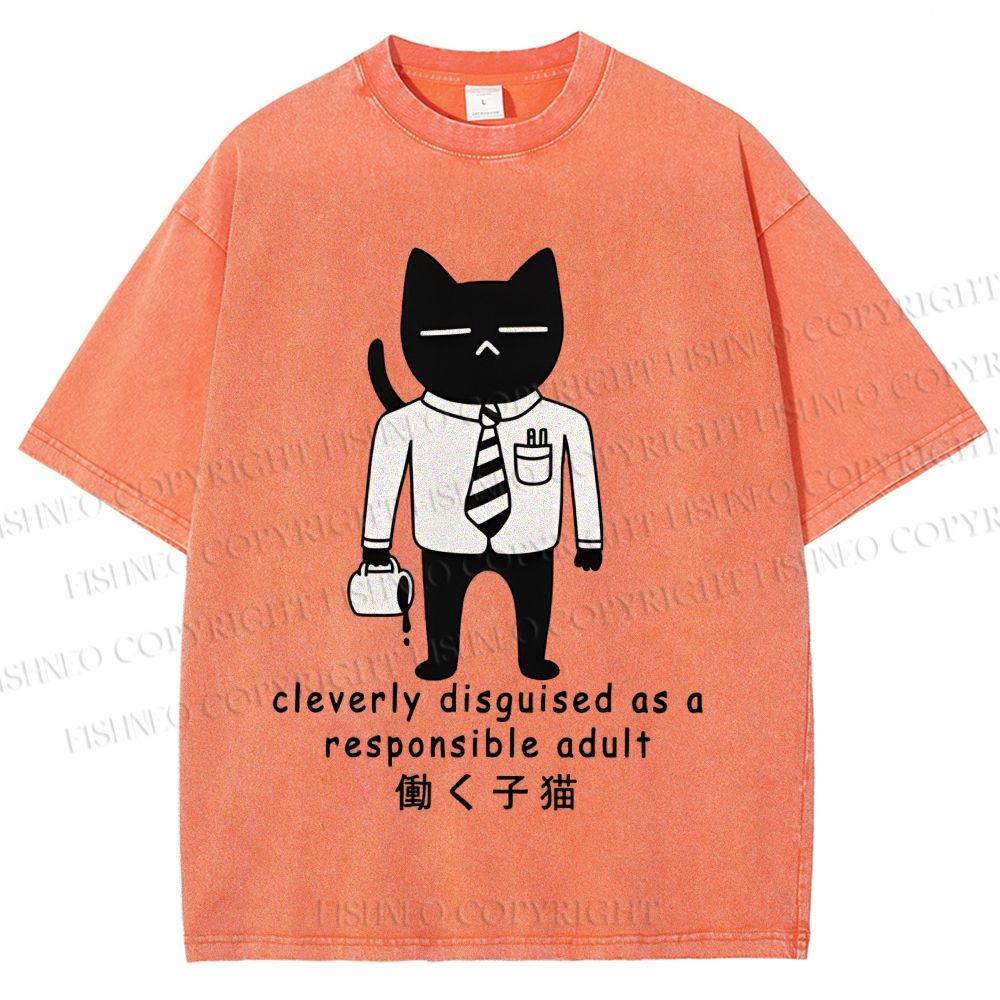 Unisex Japanese Smart Black Cat Cleverly As A Responsible Adult Disguised  Printed Washed Tee