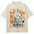 Unisex Vintage Japanese Fox Eating Ramen Printed Washed Tee