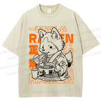 Unisex Vintage Japanese Fox Eating Ramen Printed Washed Tee