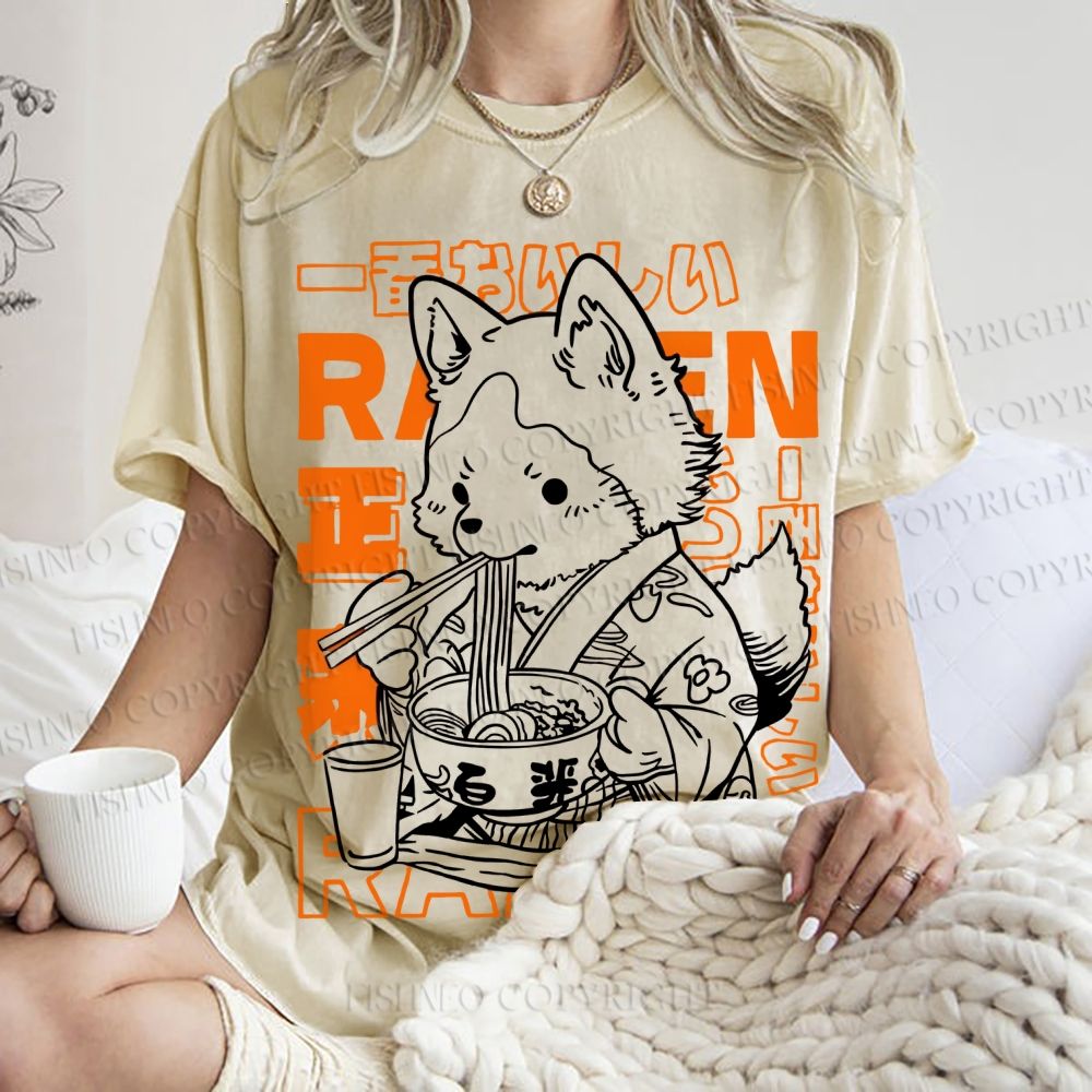 Unisex Vintage Japanese Fox Eating Ramen Printed Washed Tee