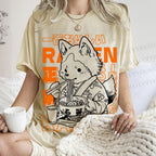 Unisex Vintage Japanese Fox Eating Ramen Printed Washed Tee