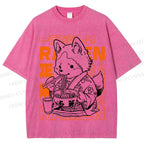 Unisex Vintage Japanese Fox Eating Ramen Printed Washed Tee